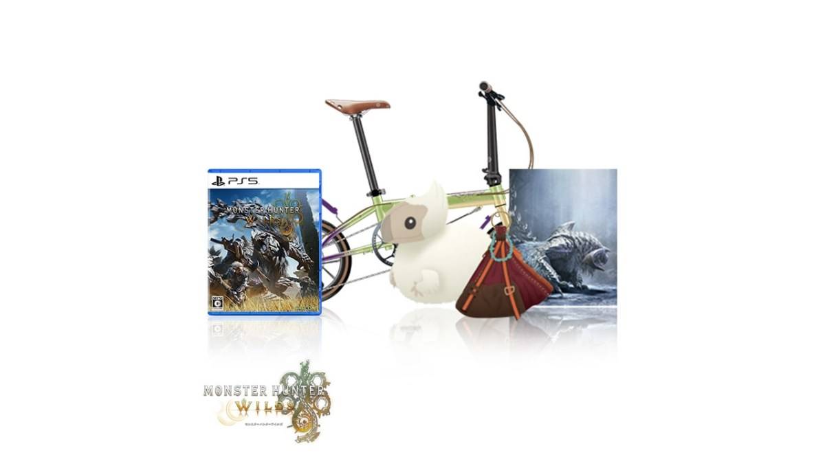 Ang Monster Hunter Wilds Ultra Collector's Edition, na may larawan ng laro, isang malambot na laruan, isang bag ng armas at isang natitiklop na bisikleta.