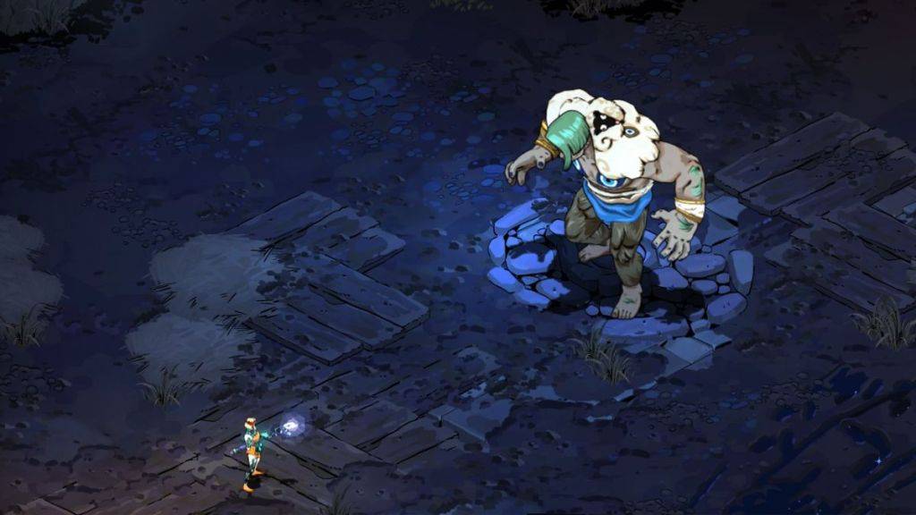 Ảnh chụp màn hình từ Hades 2, cho thấy Melinoe sắp đối đầu với Cyclops Polyphemus khổng lồ