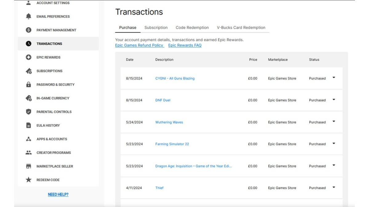 Epic Games transactions page showing Fortnite purchases.