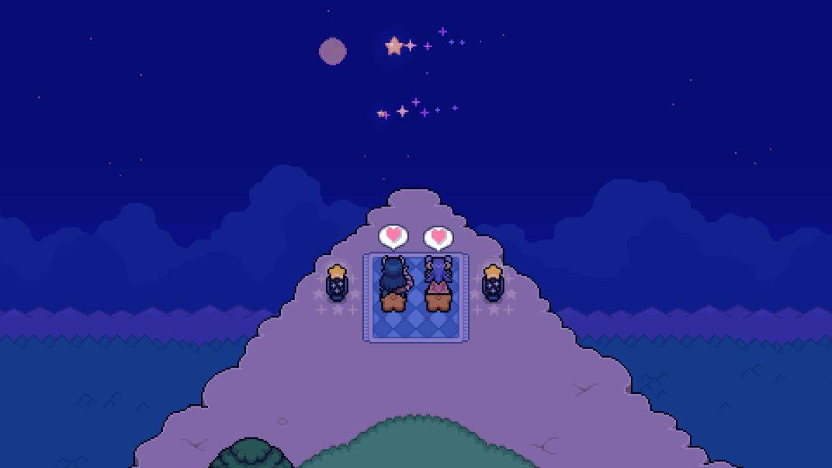 卡尔达鲁斯(Caldarus)和农民在米斯特里亚(Mistria)田野的射击星节上戴着心