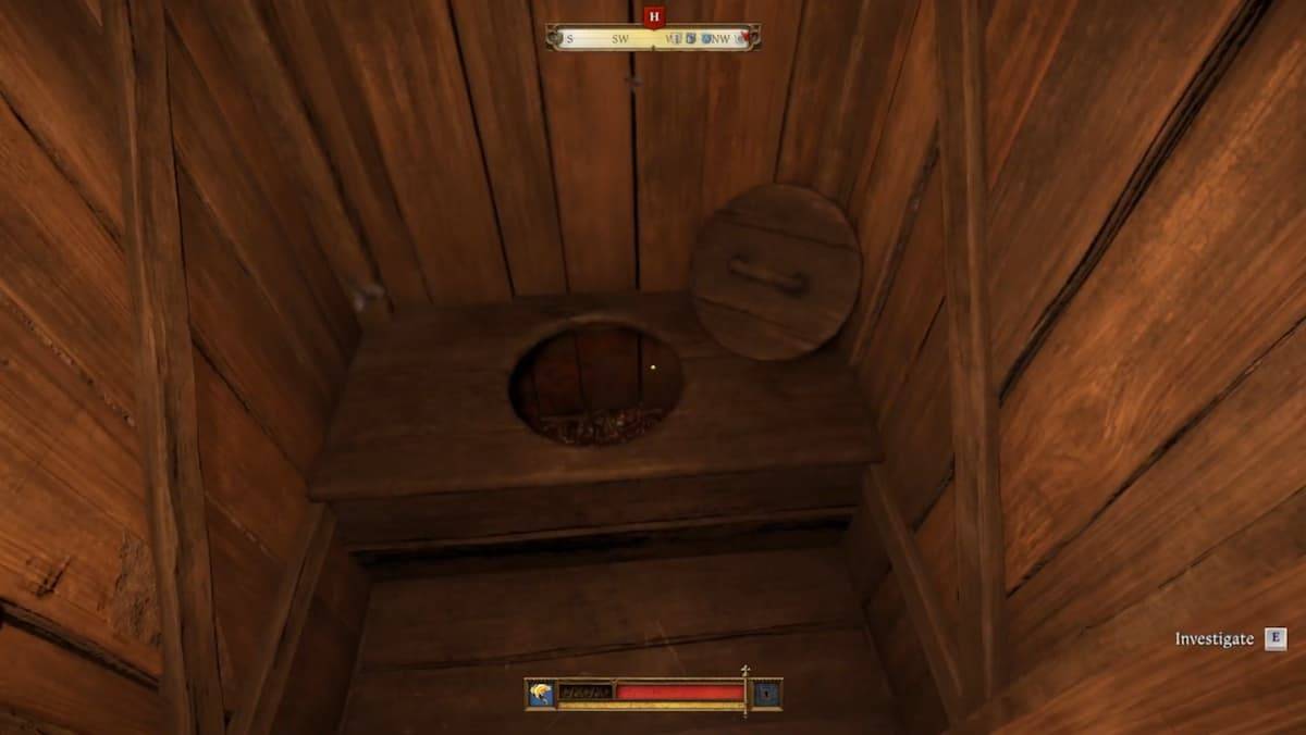 Henry retrieving the Royal Treasury Key from the outhouse in Kingdom Come: Deliverance 2