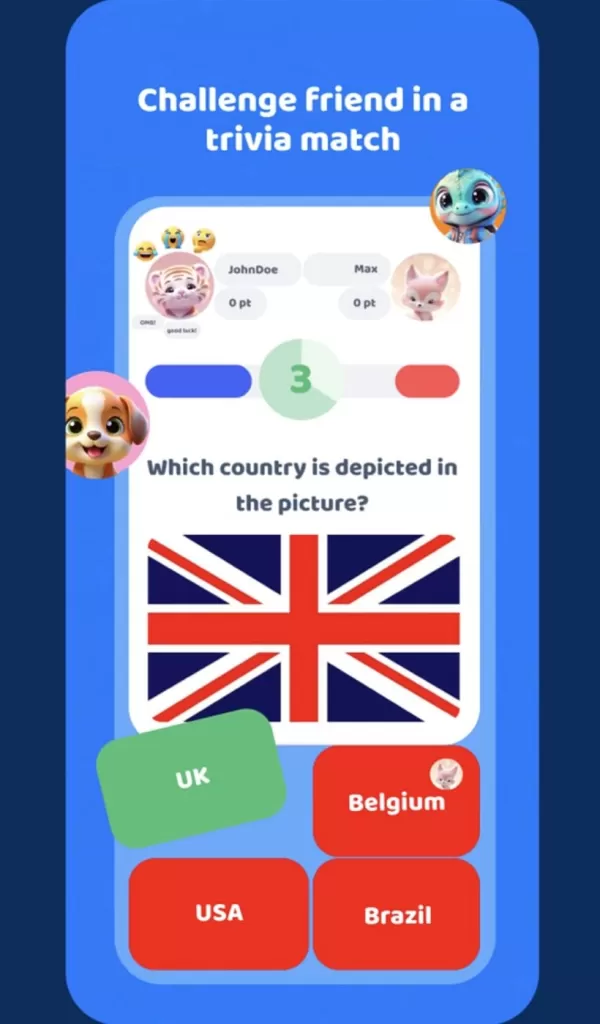 Tangkapan skrin permainan kuiz dengan pelbagai jawapan untuk menentukan negara mana bendera Union Jack.