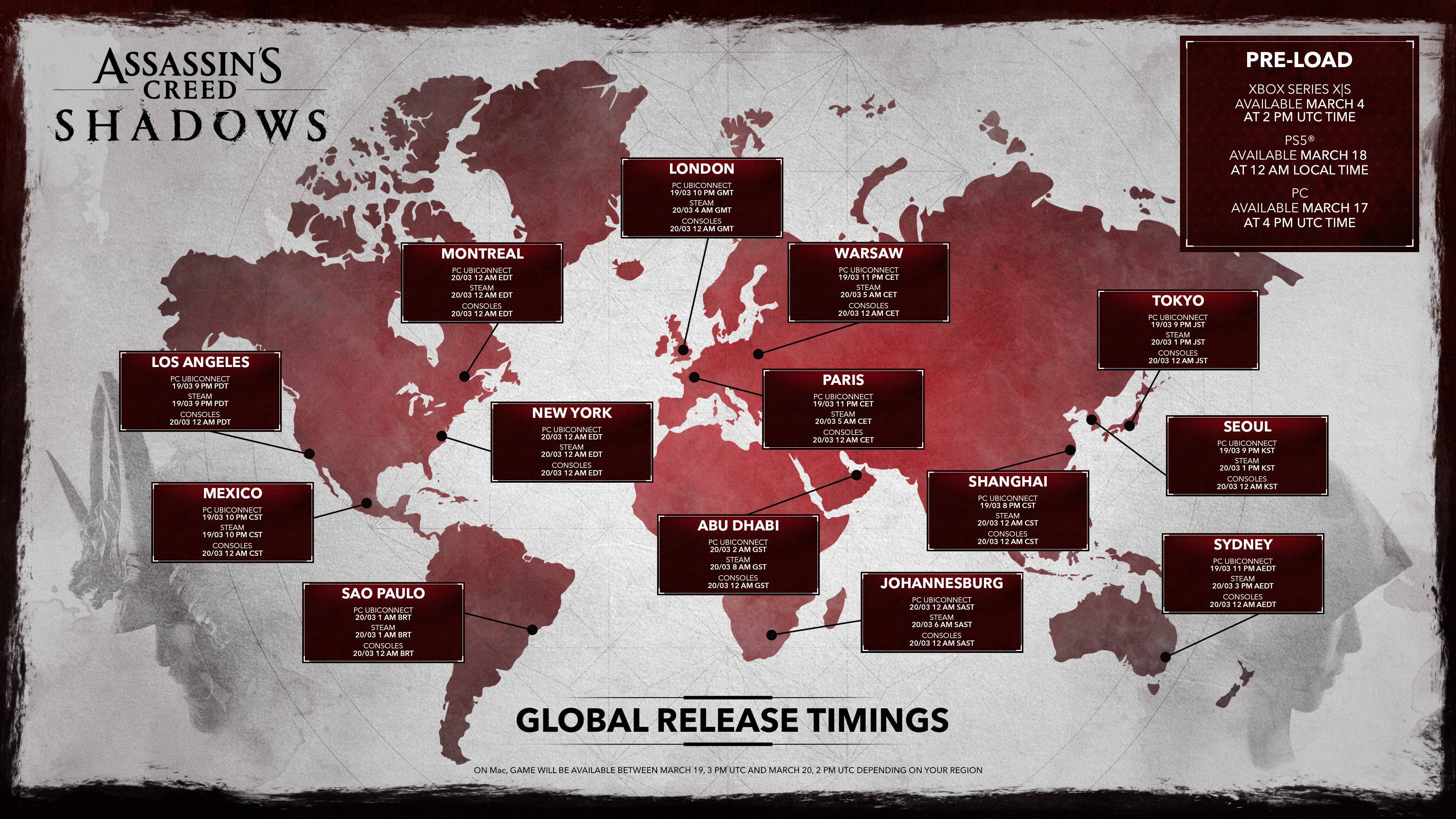 Assassin‘s Creed Shadows Worldwide Launch Times Revealed