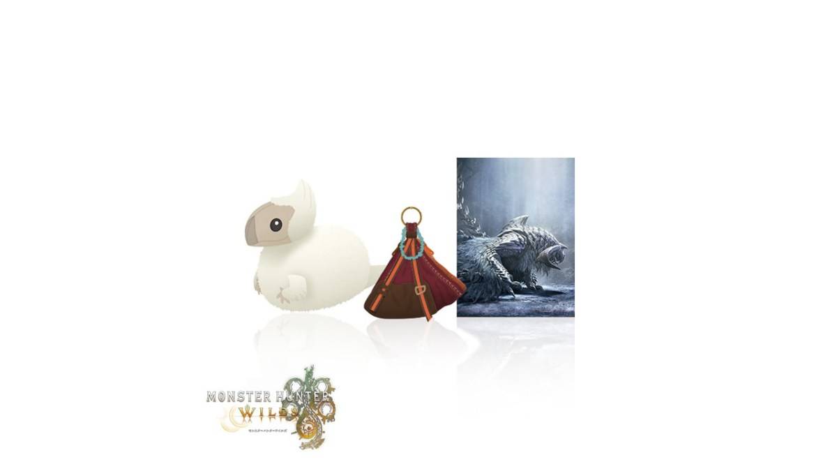Ang Monster Hunter Wilds Collector's Edition, na may larawan ng laro, isang malambot na laruan at isang bag ng armas.