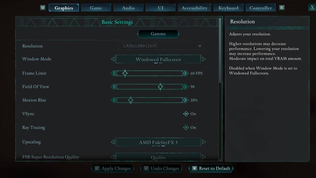 Avowed Graphics Setting Menu na nagpapakita ng larangan ng view at mga pagsasaayos ng blur ng paggalaw.